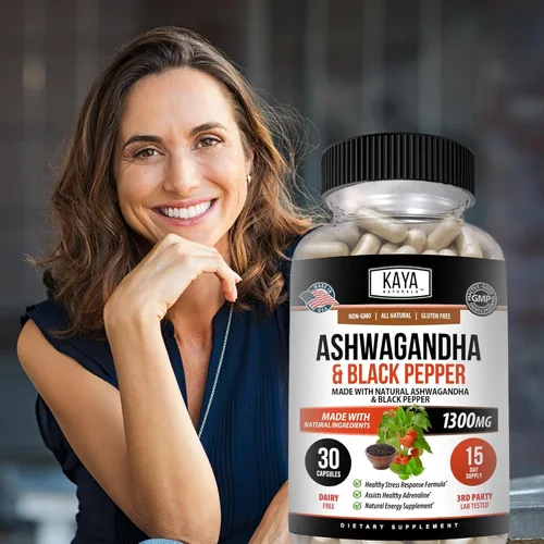 Vista 8 de Kaya Naturals Raíz de Ashwagandha con pimienta negra Suplemento adaptógeno de máxima fuerza de 1300 mg, ayuda a la salud suprarrenal, glandular