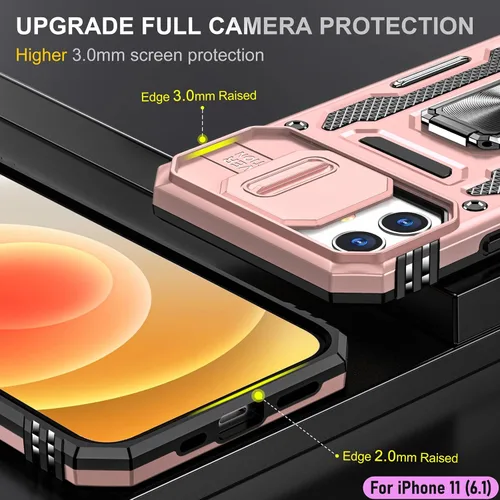 Vista 6 de Funda resistente para Apple iPhone 11, protección híbrida de goma de doble capa de grado militar con protector de cámara deslizante, soporte Oro Rosa