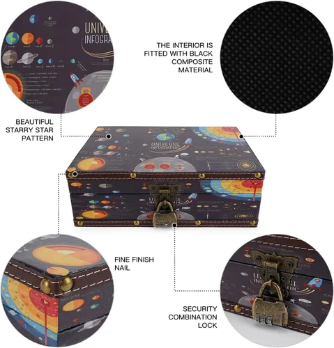Vista 4 de WANLIAN Cofre de madera y cuero con tapa y cerradura - Caja decorativa de joyería y recuerdos para niños, adolescentes, para cumpleaños, bodas, día