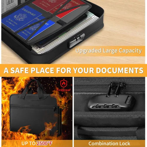 Vista 3 de JUNDUN Organizador de archivos de acordeón con cerradura, organizador de documentos ignífugos con múltiples bolsillos con asa y cremallera, carpeta