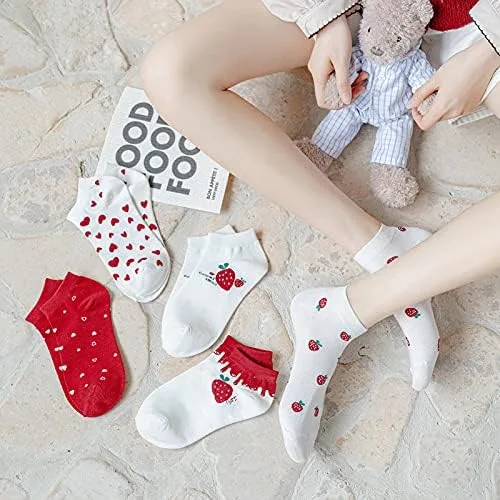 Vista 3 de 5 pares de calcetines Kawaii con diseño de fresa, fresa, lindos calcetines de corte bajo para mujer, calcetines casuales de tobillo, Multi colorido