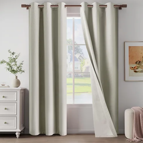 Vista 47 de Cortinas texturizadas de lino 100% opacas de 64 pulgadas de largo, juego de 2 paneles para granja, casa de campo, cortinas ligeras con ojales