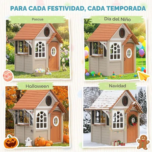 Vista 9 de Qaba Casa de juegos al aire libre de madera para niños con puerta de perro