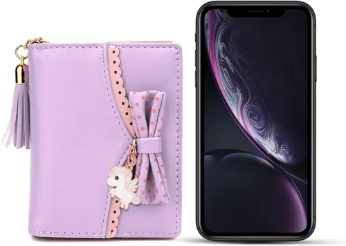 Vista 5 de UTO - Billetera para niñas de cuero vegano, lindo gato colgante, organizador de tarjetas, monedero para mujeres, Unicorn Ace Light Purple, S