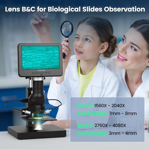 Vista 4 de JL246PS Microscopio digital HDMI de 3 lentes de 7 pulgadas 4000X, microscopio biológico para adultos y niños con diapositivas preparadas, video UHD