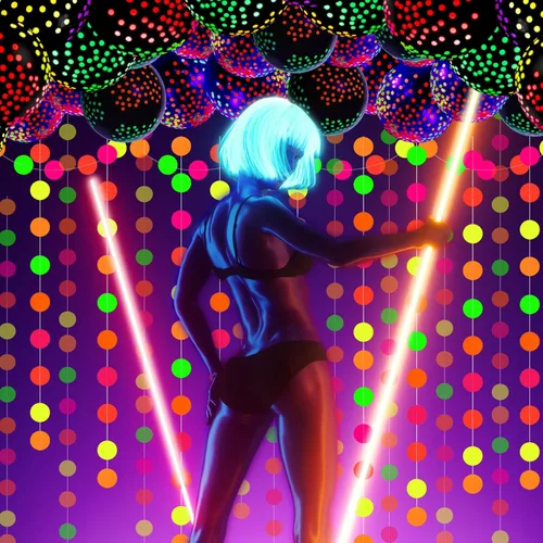 Vista 7 de 57 piezas de suministros de fiesta de neón que brillan en la oscuridad, incluyendo telón de fondo de decoración que brilla en la oscuridad