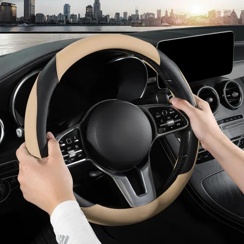 Vista 3 de Funda para volante de automóvil, funda para volante de piel de microfibra con ajuste universal de 14.5-15 pulgadas, antideslizante, cómoda