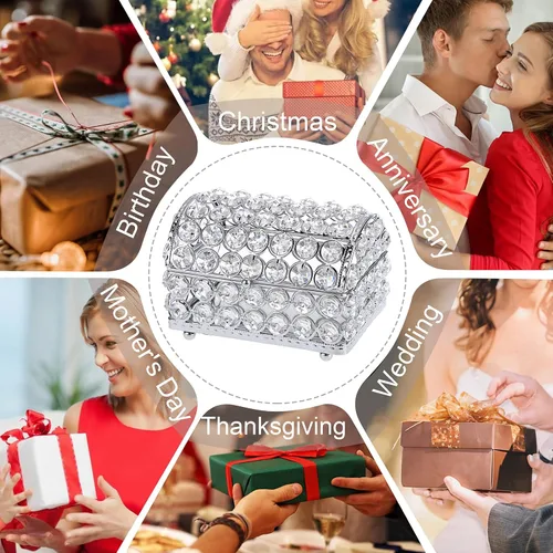 Vista 7 de ELLDOO Joyero de cristal, caja organizadora de aretes, anillos, decoración del hogar, caja decorativa con tapa, regalo plateado para San Valentín
