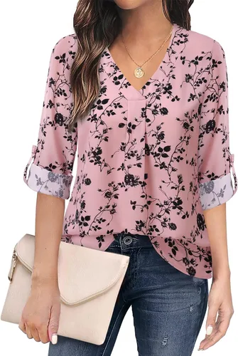 Vista 28 de Youtalia Blusas para mujer, elegantes, informales, de negocios, manga 3/4, de gasa, cuello en V, camisas de trabajo y oficina