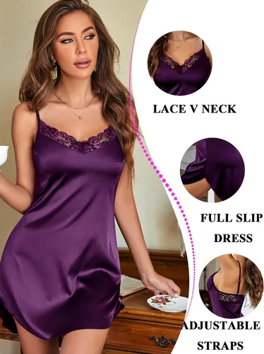 Vista 2 de Avidlove Ropa de dormir sexy de satén para mujer, ropa de dormir de encaje, mini slip completo