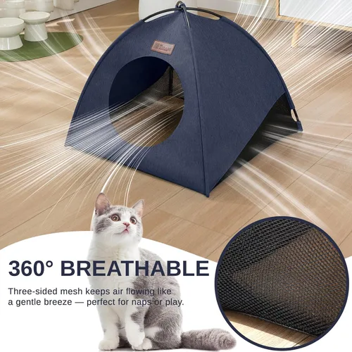 Vista 3 de Tienda de campaña piramidal desplegable para gatos y gatos pequeños de hasta 6.6 libras, resistente al agua, transpirable, plegable, con cojín