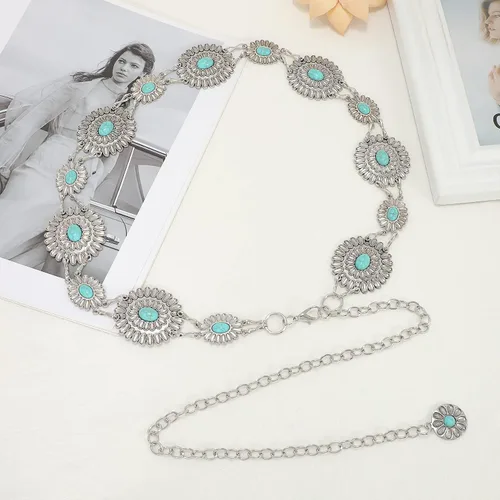 Vista 7 de WHIPPY Cinturón de cadena para mujer, correa de cadena de eslabones de metal, vaquera occidental, turquesa, para vestido