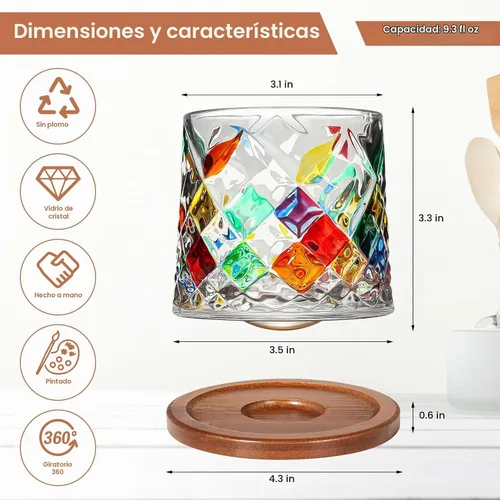 Vista 3 de Vaso de vidrio antiguo giratorio, 275ml/10oz Juego de vasos de whisky de cristal de 2 piezas, posavasos de madera, engrosamiento, utilizado como