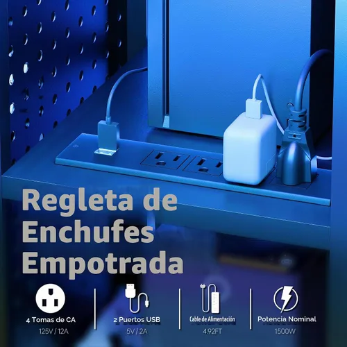 Vista 6 de Pamray Escritorio pequeño con ruedas para juegos con luces LED, tomas de corriente y tablero de clavijas de almacenamiento, mesa compacta para Negro