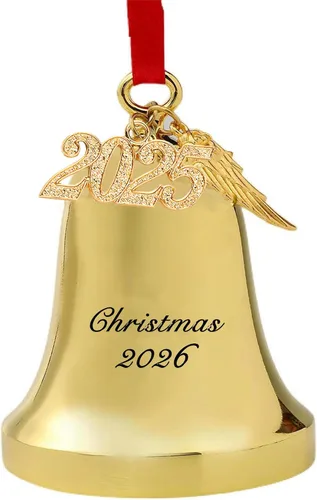 Vista 9 de JUPPE It's A Wonderful Life Adorno de campana de Navidad, adorno de campana dorada grabada con ala de ángel y dije 2025 (dorado)