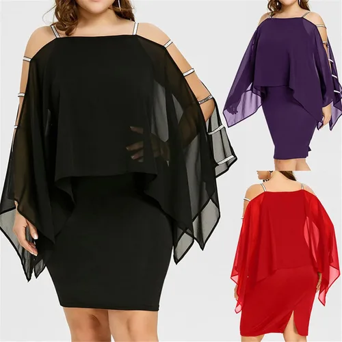 Vista 6 de NIUQI Vestido de noche de gasa de color sólido para mujer con lentejuelas y hombros descubiertos cuello redondo manga capa