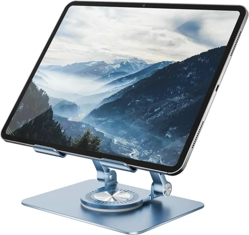 Vista 9 de Orlian Soporte para tablet con base giratoria de 360°, soporte ajustable de aluminio para tableta de doble varilla para escritorio, compatible