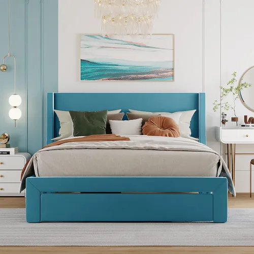 Vista 27 de Cama de plataforma tapizada de tamaño matrimonial con cabecera de terciopelo con patrón de flores, con marco de cama de soporte de listones