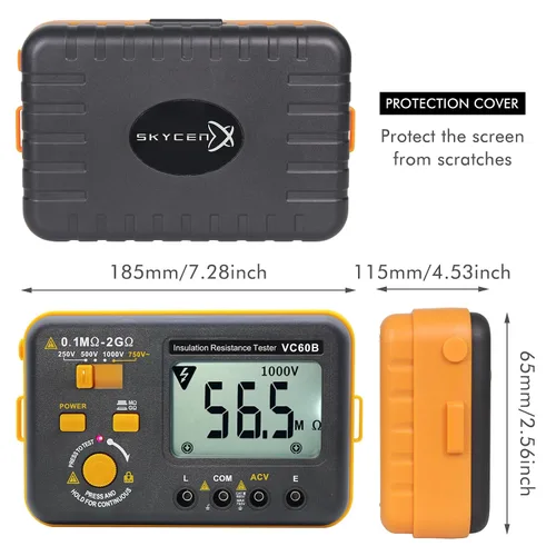 Vista 4 de Probador de resistencia de aislamiento digital VC60B, medidor eléctrico de megaohm con prueba de voltaje de prueba de 250V/500V/1000V Resistencia