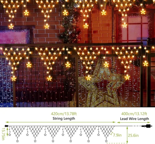 Vista 5 de Decoración de luces de Navidad al aire libre de 13.8 pies, 200 luces LED con 12 estrellas, 8 modos de luces de hadas regulables para decoración