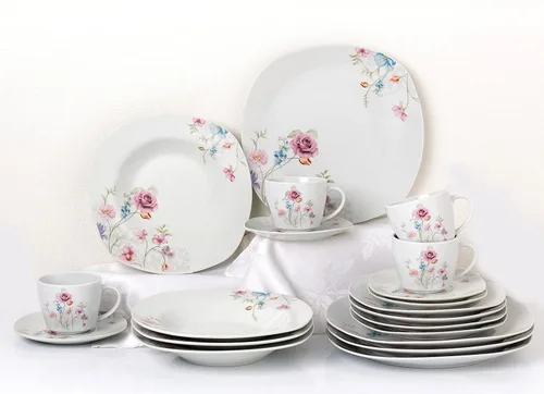 Vista 2 de Lorren Home Trends Juego de vajilla cuadrada de porcelana de 20 piezas para 4 diseños florales pequeños, color blanco