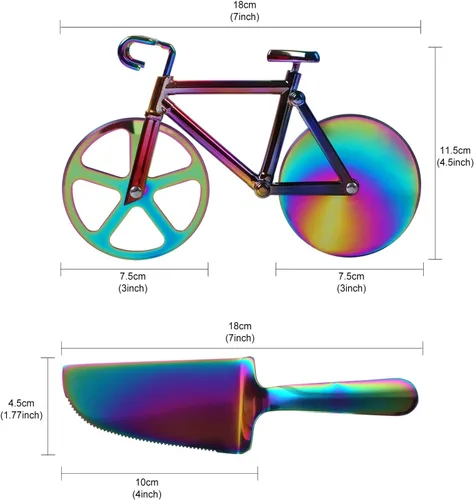 Vista 7 de Partim - Rueda cortadora de pizza con forma de bicicleta, de acero inoxidable, con pala y soporte para pizza, rueda de corte doble antiadherente