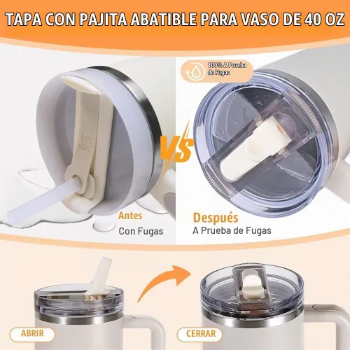 Vista 3 de Paquete de 2 tapas de repuesto con popote abatible desmontable para vaso térmico de 30 oz, compatible con Stanley Quencher ProTour, tapa a prueba