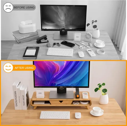 Vista 3 de Soporte de Monitor de Bambú Homerays, Elevador de Monitor sin Necesidad de Ensamblaje, Soporte de Monitor Exquisito con Cajón, Soporte de Monitor