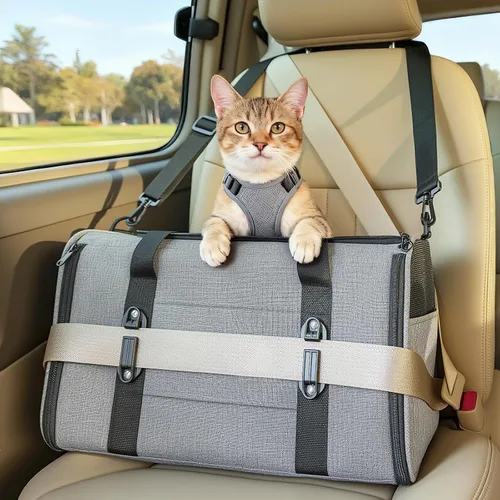 Vista 22 de PETSFIT Transportador de gatos de lados suaves con hebillas de seguridad patentadas, cremalleras bloqueables y correa de seguridad, transportador