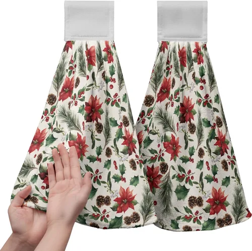 Vista 19 de Juego de 2 toallas de cocina colgantes de hojas tropicales de verano, color verde, hojas de palmera, con bucles para colgar, suaves y absorbentes