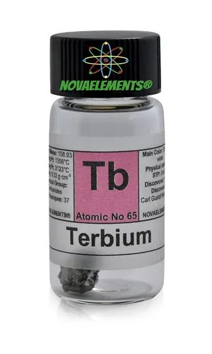 Vista 2 de Terbium Metal Element 65 Muestra Tb, puro 0.04 oz 99,99% dentro de frasco de vidrio etiquetado