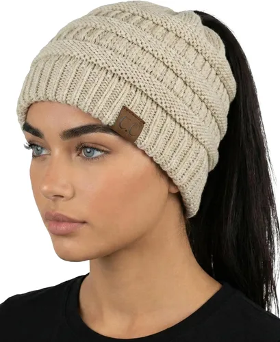 Vista 18 de Funky Junque Gorro de Cola de Caballo para Mujeres - Gorro de Invierno Ponyback Suave Elástico de Punto Trenzado Cola Alta Gorros para Correr