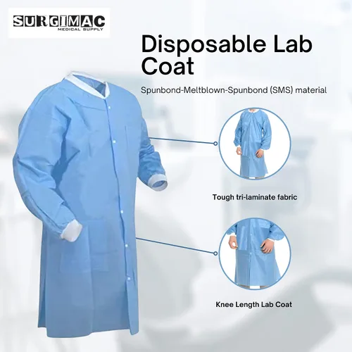 Vista 4 de Abrigos de laboratorio desechables, hasta la rodilla, vestidos desechables SMS, abrigo de laboratorio de química unisex, bata médica desechable