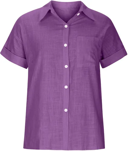 Vista 4 de Camiseta corta casual de algodón de lino y manga corta con solapa y botones para mujer