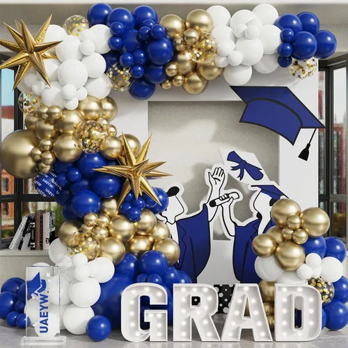 Vista 10 de Kit de arco de globos de graduación de 163 piezas, decoraciones de graduación 2026 con globos negros, dorados, azules y blancos, tapa de graduación