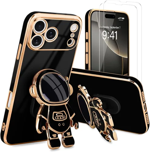 Vista 12 de Pepmune - Funda para iPhone 15 con soporte de astronauta 3D, color negro [2 Screen Protector], Luxury Electroplated Soft TPU Cover with Kickstand