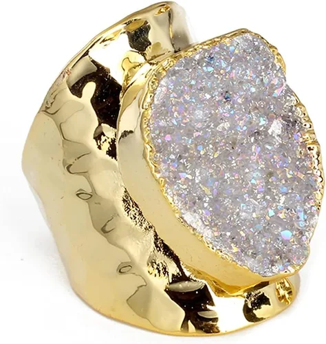 Vista 3 de YSJJDRT Cristal natural áspero de lujo natural claro áspero crudo drusa cristal semi preciosa piedra pura oro color anillo ajustable martillo abierto