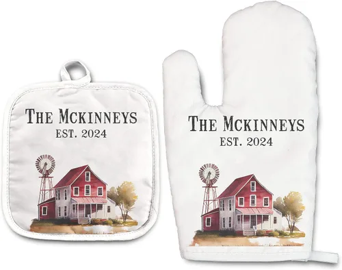 Vista 9 de Angela's Kitchen - Juego de guantes de horno personalizados y soporte para ollas Regalos de cocina personalizados Inauguración de la casa