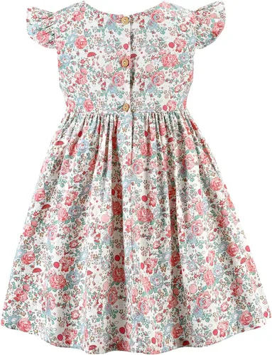 Vista 3 de Vestido casual de algodón con estampado floral vintage para niñas 2T-12, para primavera, verano, otoño, ropa de Pascua
