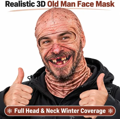 Vista 2 de Máscara de esquí de anciano, divertida y realista, con estampado 3D, para invierno, con cobertura del cuello, diseño envolvente, ajuste cómodo