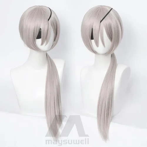 Vista 6 de Peluca larga plateada de anime, pelucas de cosplay para Halloween, fiesta de disfraces, peluca de pelo