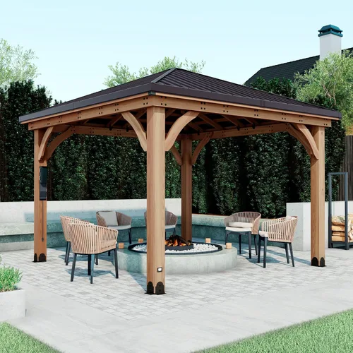 Vista 10 de Backyard Discovery Barrington - Pabellón Gazebo de madera de cedro para exteriores de 20' x 12' con techo rígido de acero galvanizado tipo cadera