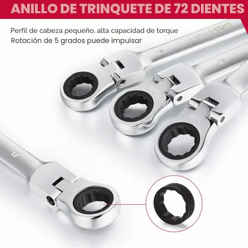 Vista 4 de Eastvolt EVHT1201 - Juego de 12 piezas de llaves de trinquete de cabeza flexible, 8-19 mm métricas, kits de llaves de combinación de acero al cromo