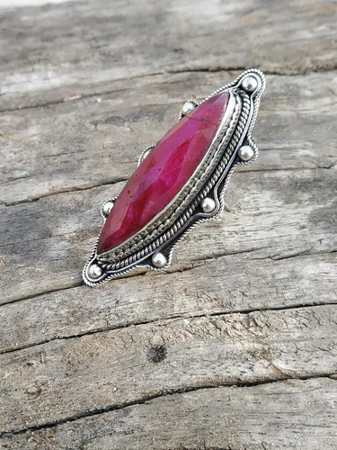 Vista 6 de Ruby Ring, Bohemian Jewelry, Long Ring, Eye Shape, Bridesmaids Gift, Promise Engagement Ring, 925 Sterling Silver Ring, Full Finger Jewelry
