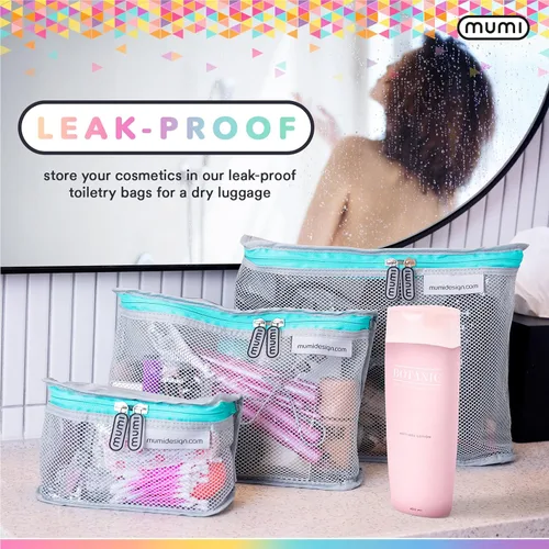 Vista 3 de MUMI Juego de 3 neceseres de viaje – Bolsas de aseo resistentes al agua para mujeres y hombres – Bolsas transparentes para artículos de tocador
