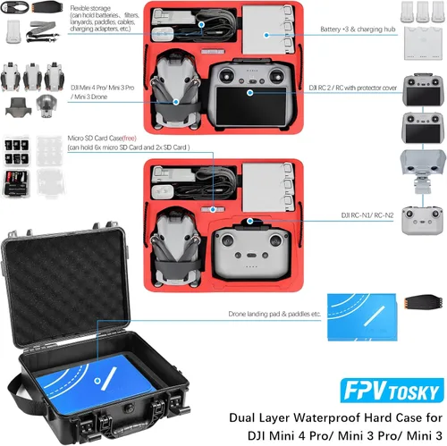 Vista 2 de FPVtosky Funda rígida de doble capa para DJI Mini 4 Pro Fly More Combo, funda de transporte impermeable para Mavic Mini 3/3 Pro Drone, compatible