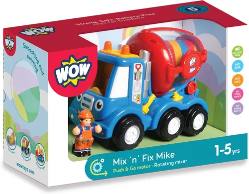 Vista 3 de Wow Toys Mix 'n' Fix Mike - Camión mezclador de cemento de construcción con figura del conductor Alimentado por fricción, sin baterías, juguete