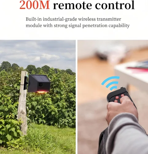 Vista 4 de Detector de sensor de movimiento al aire libre con alarma solar IP65 resistente al agua 129db alta sirena lámpara estroboscópica con control remoto