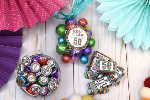 Vista 6 de HOLY - Kit de calcomanías para fiesta de cumpleaños número 50, 429 piezas. Incluye 60 calcomanías circulares de 2 pulgadas, 45 mini envoltorios
