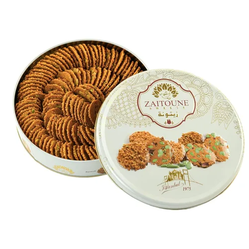 Vista 9 de Zaitoune Galletas Barazek - 8.82 oz Lujosas galletas crujientes de sésamo y pistacho hechas a mano en Turquía Hermosa lata de regalo